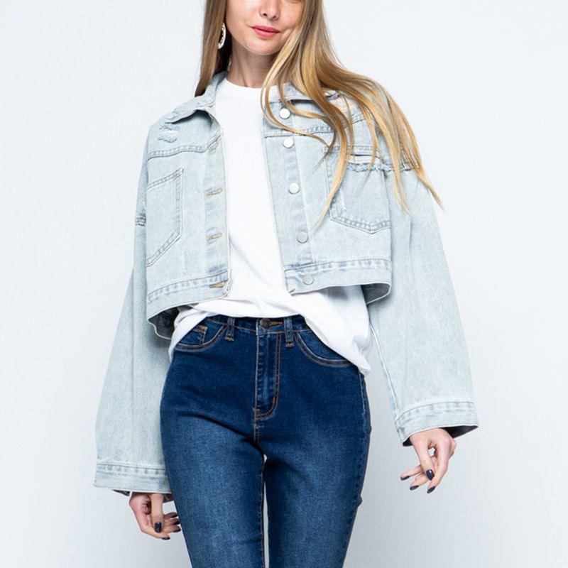 Cropped Collared Neck Dropped Shoulder Denim Jacket - Clothes For Her Online Store