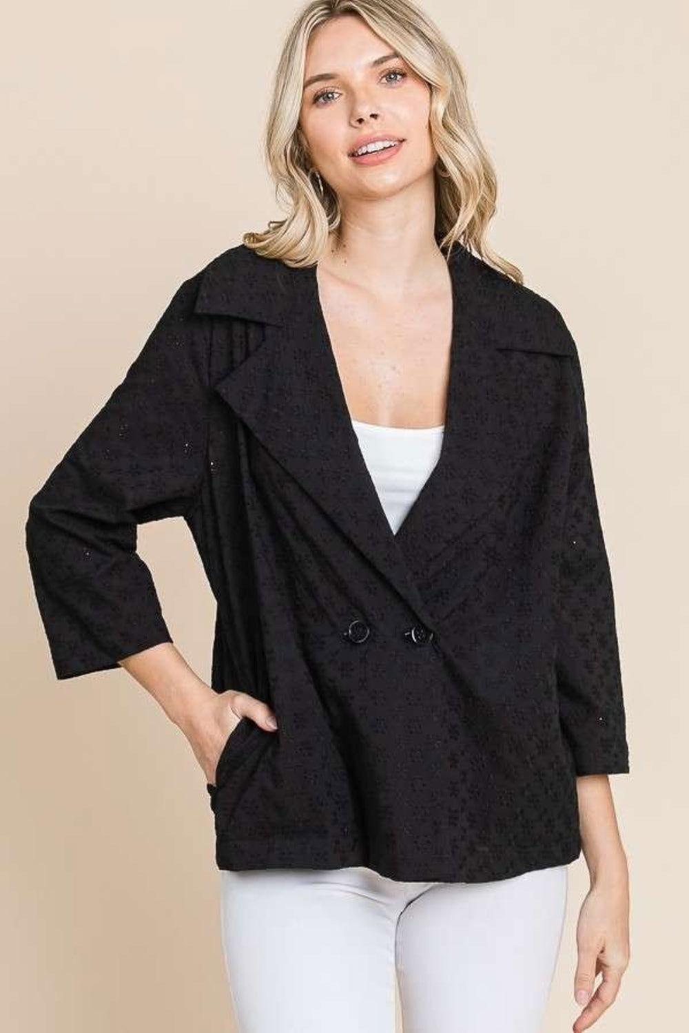 Culture Code Double Breasted Eyelet Jacket with Pockets - Clothes For Her Online Store