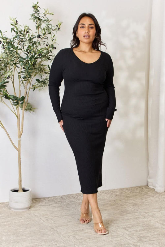 Culture Code Full Size Ribbed Long Sleeve Midi Slit Dress - Clothes For Her Online Store