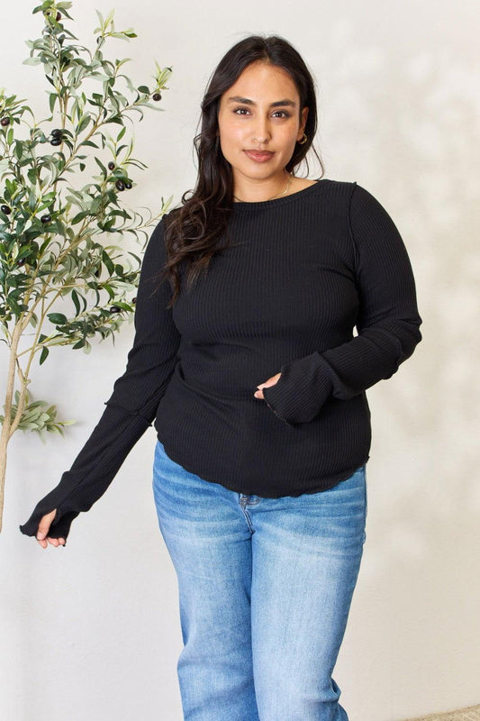 Culture Code Full Size Ribbed Round Neck Long Sleeve Top - Clothes For Her Online Store