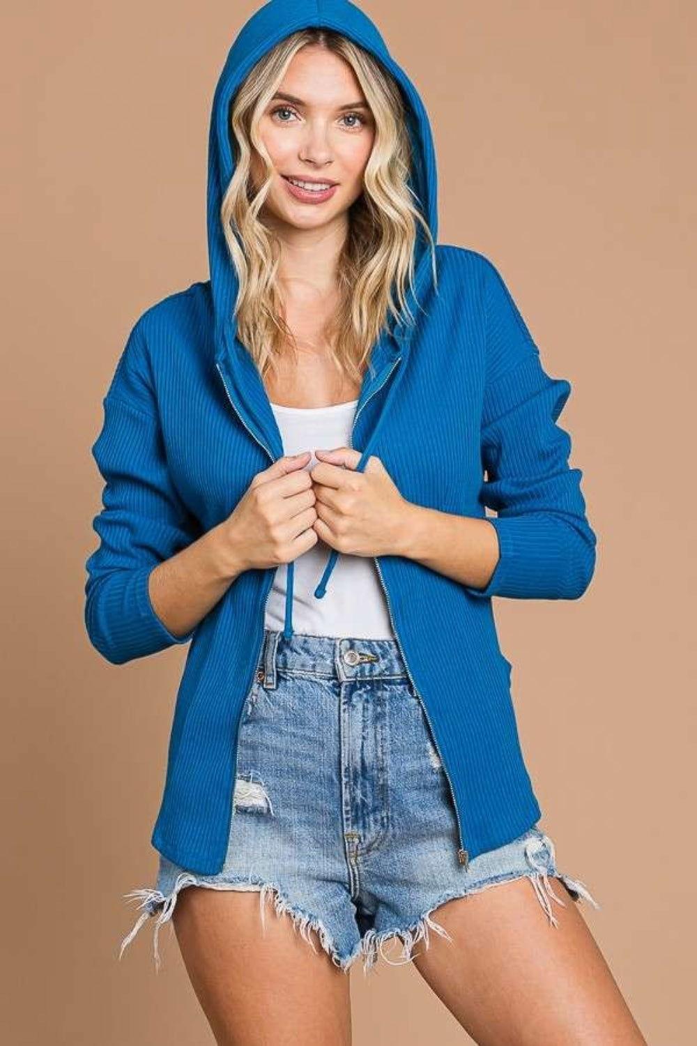 Culture Code Full Size Ribbed Zip Up Drawstring Hooded Jacket - Clothes For Her Online Store