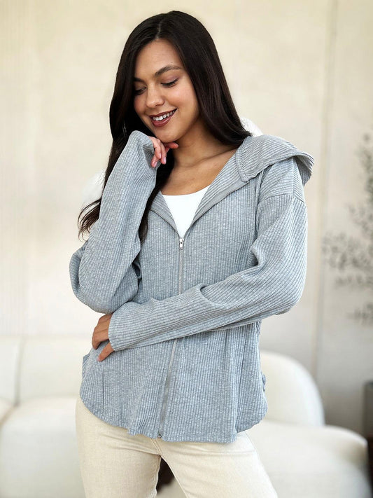 Culture Code Full Size Ribbed Zip Up Drawstring Hooded Jacket - Clothes For Her Online Store