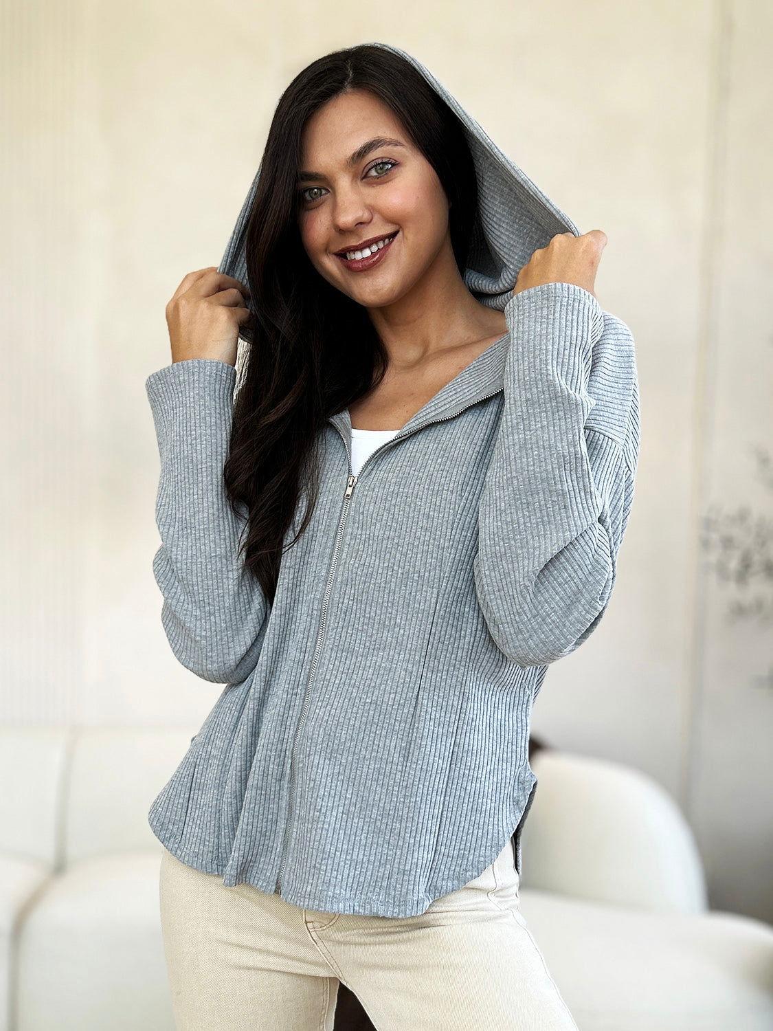 Culture Code Full Size Ribbed Zip Up Drawstring Hooded Jacket - Clothes For Her Online Store