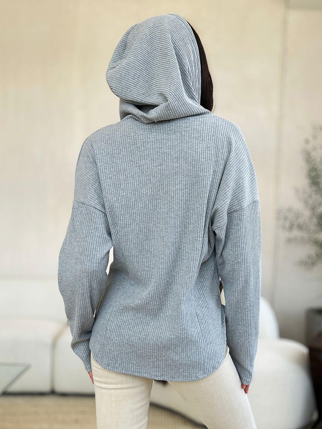 Culture Code Full Size Ribbed Zip Up Drawstring Hooded Jacket - Clothes For Her Online Store