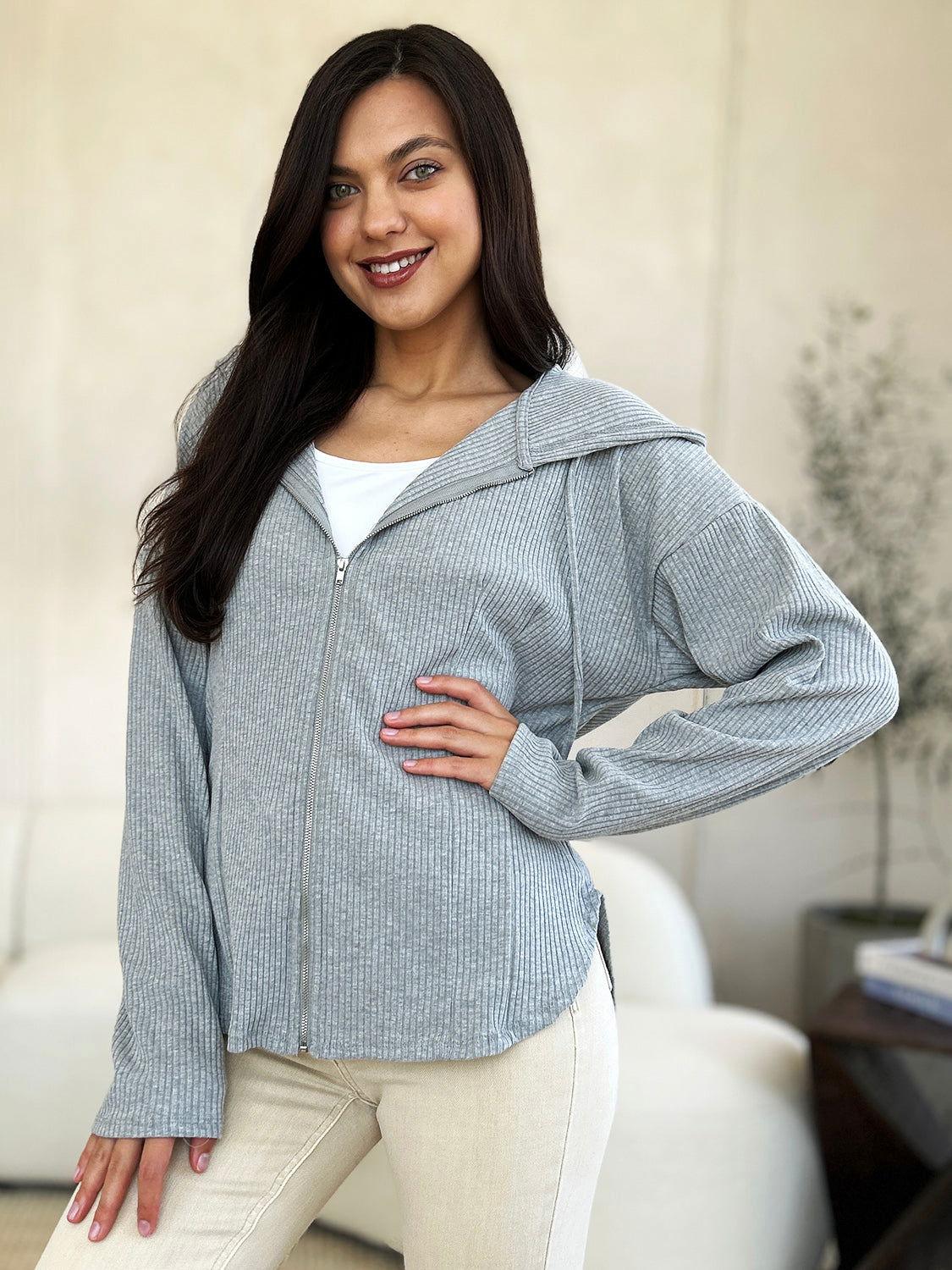 Culture Code Full Size Ribbed Zip Up Drawstring Hooded Jacket - Clothes For Her Online Store