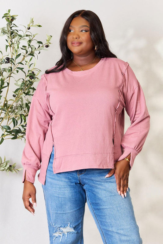 Culture Code Full Size Round Neck Exposed Seam Slit Top - Clothes For Her Online Store