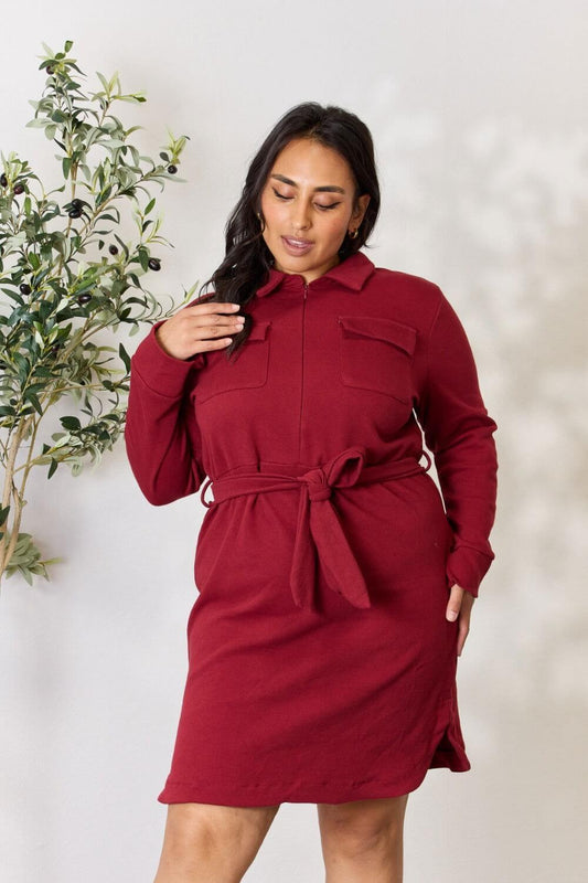 Culture Code Full Size Tie Front Half Zip Long Sleeve Shirt Dress - Clothes For Her Online Store