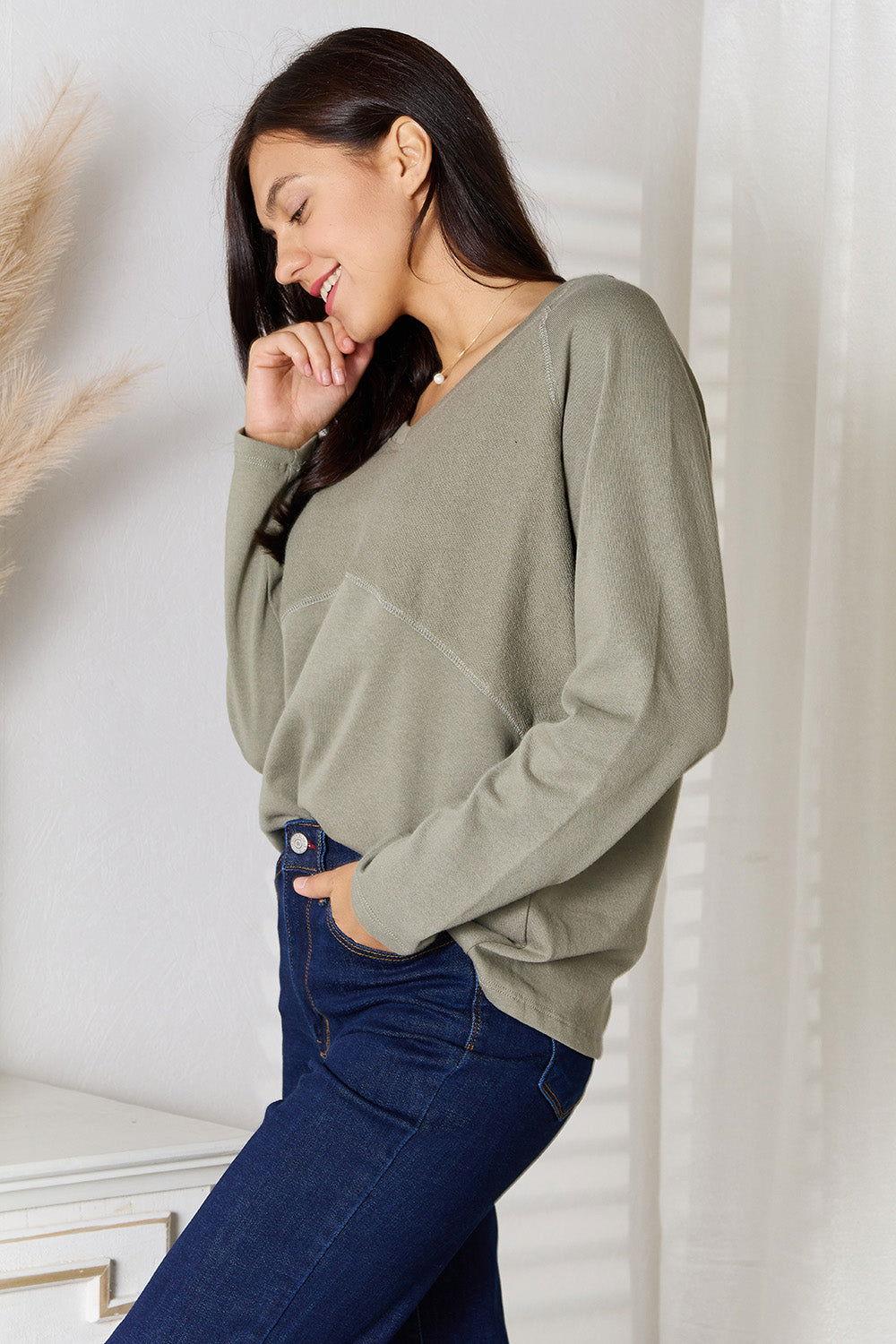 Culture Code Full Size V-Neck Long Sleeve T-Shirt - Clothes For Her Online Store