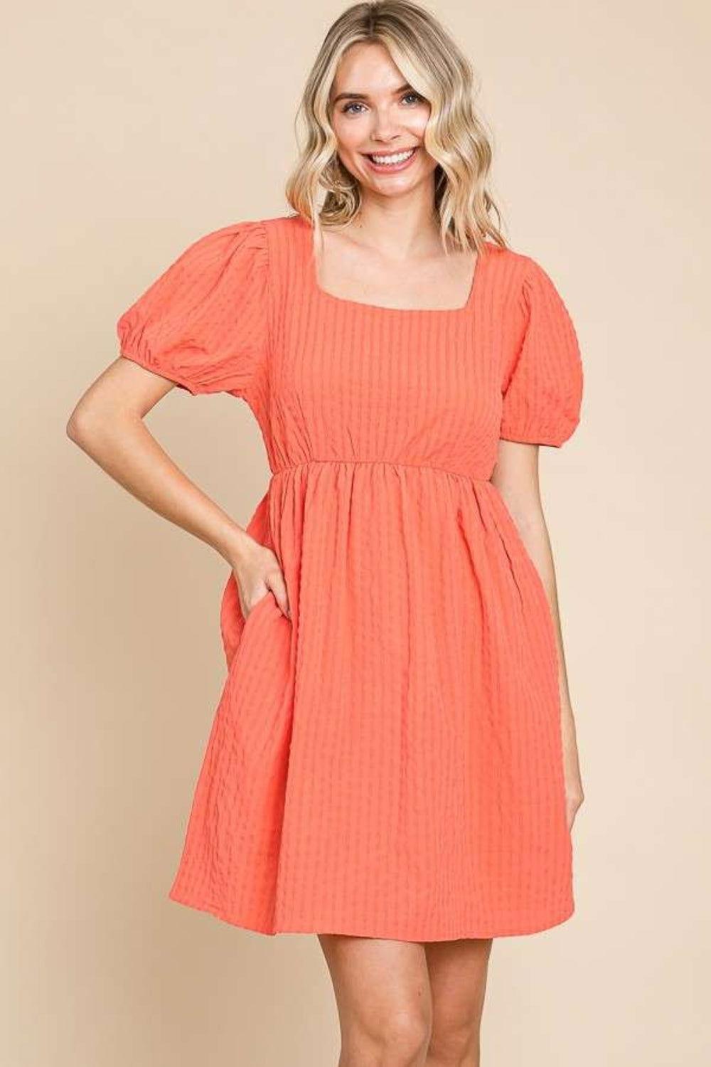 Culture Code Textured Square Neck Short Sleeve Dress - Clothes For Her Online Store