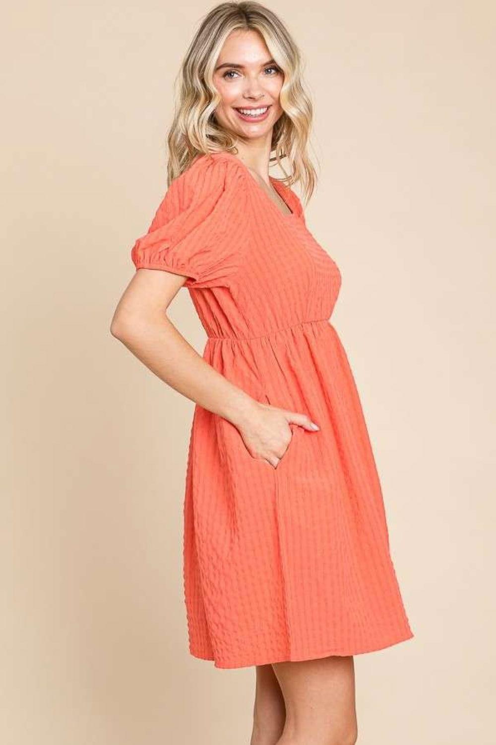 Culture Code Textured Square Neck Short Sleeve Dress - Clothes For Her Online Store