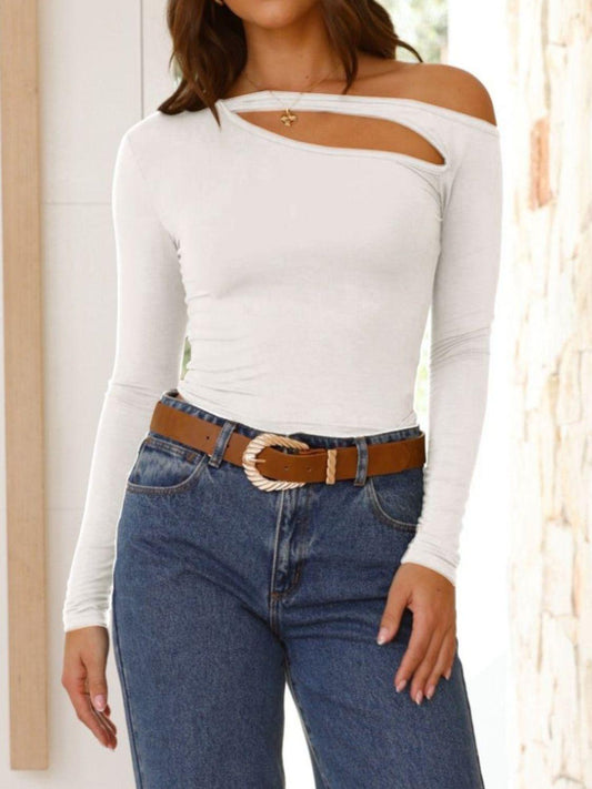 Cutout Asymmetrical Neck Long Sleeve T-Shirt - Clothes For Her Online Store