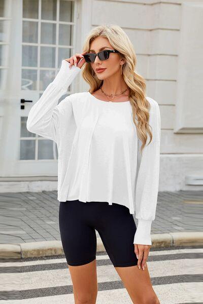 Cutout Back Round Neck Long Sleeve T-Shirt - Clothes For Her Online Store