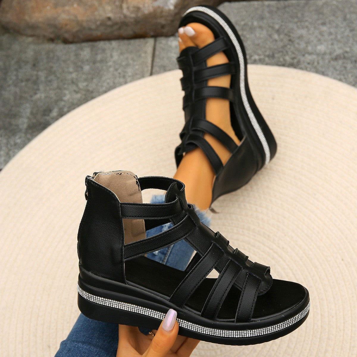 Cutout Rhinestone Trim Wedge Sandals - Clothes For Her Online Store
