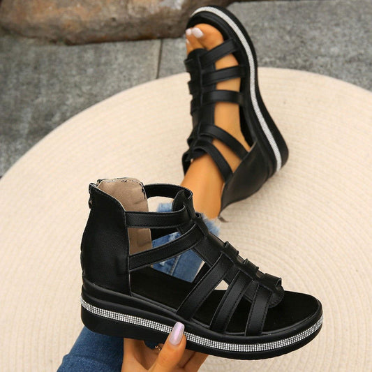 Cutout Rhinestone Trim Wedge Sandals - Clothes For Her Online Store