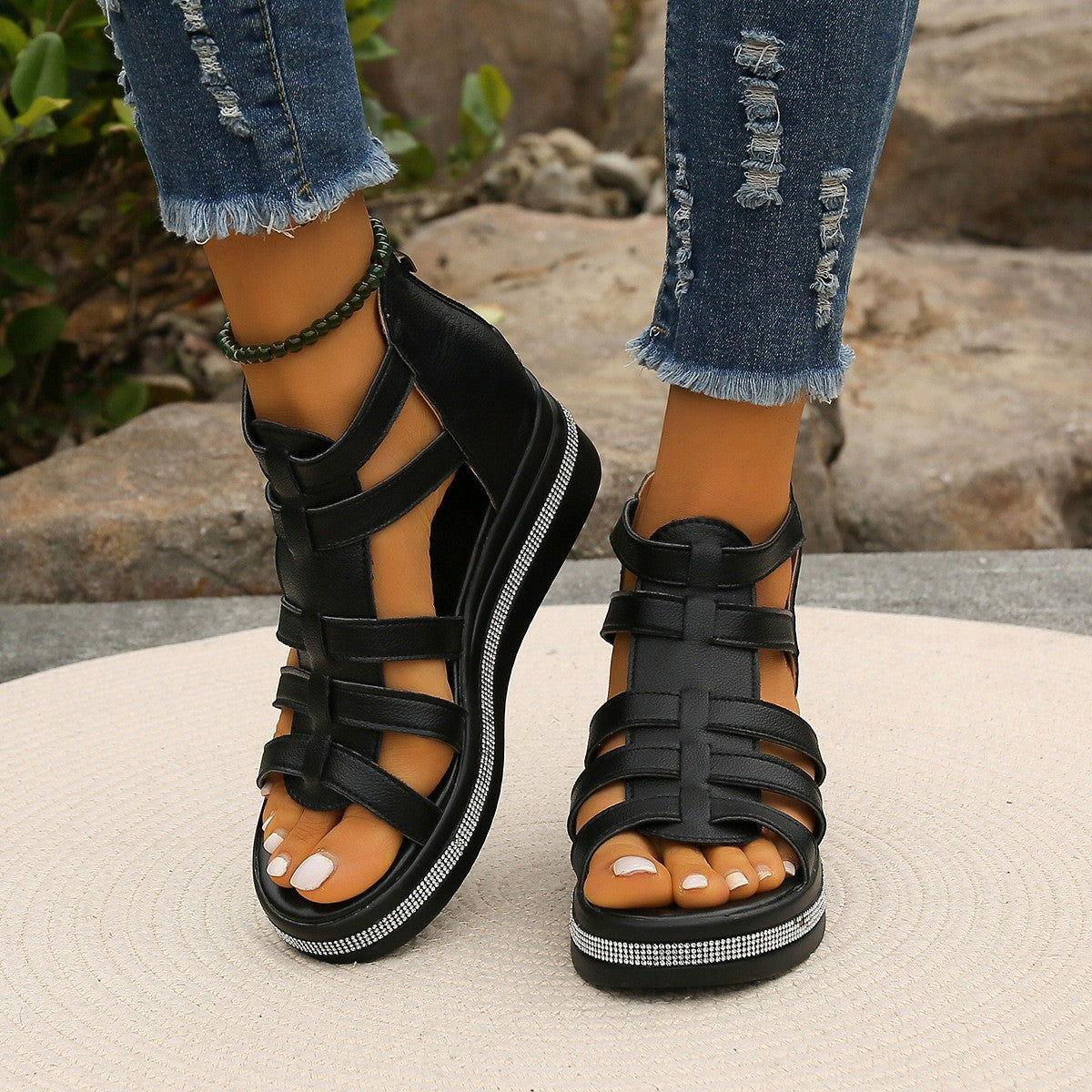 Cutout Rhinestone Trim Wedge Sandals - Clothes For Her Online Store