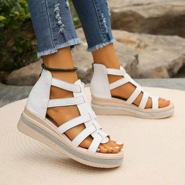 Cutout Rhinestone Trim Wedge Sandals - Clothes For Her Online Store