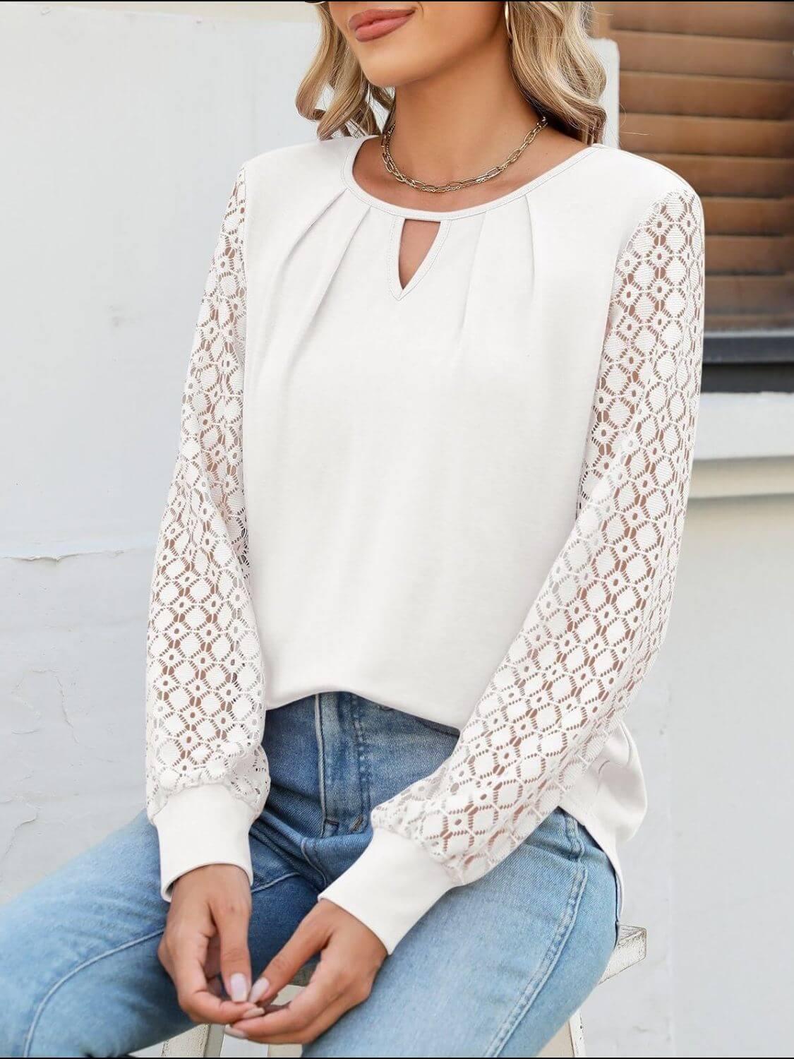 Cutout Round Neck Lace Long Sleeve Blouse - Clothes For Her Online Store