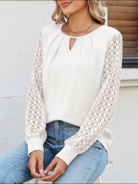 Cutout Round Neck Lace Long Sleeve Blouse - Clothes For Her Online Store