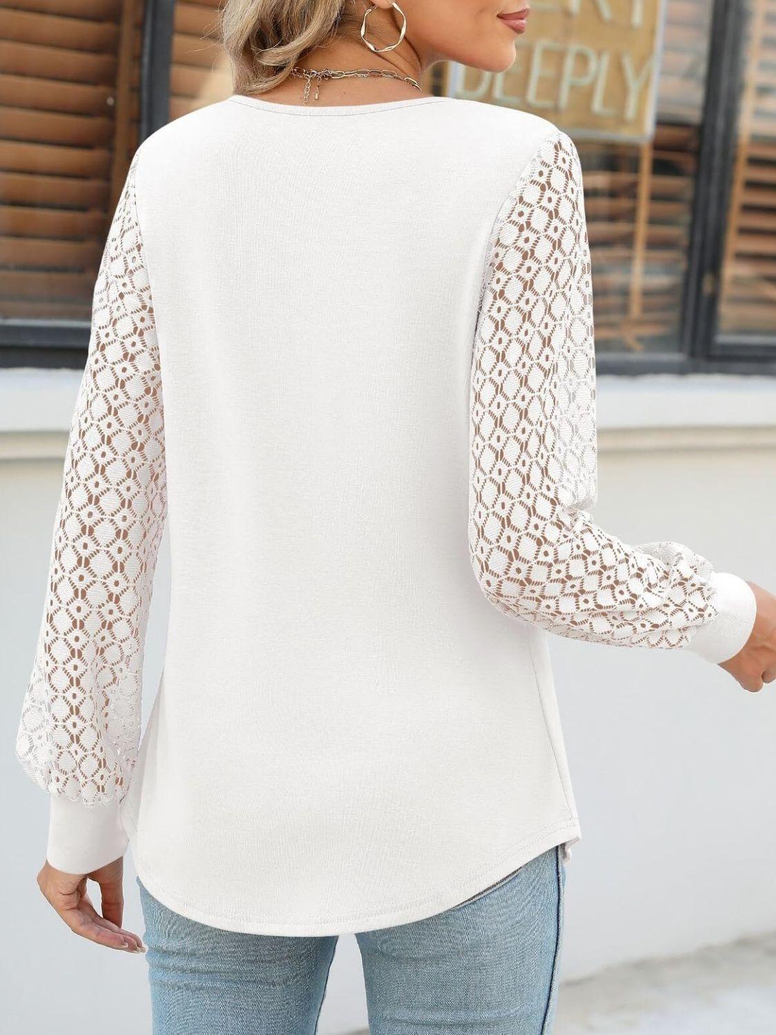 Cutout Round Neck Lace Long Sleeve Blouse - Clothes For Her Online Store