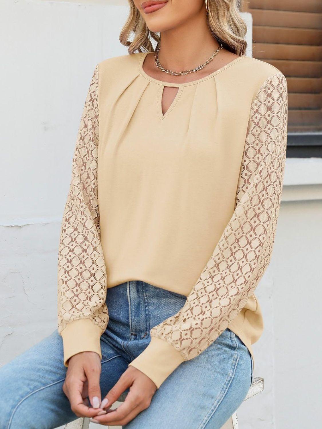 Cutout Round Neck Lace Long Sleeve Blouse - Clothes For Her Online Store