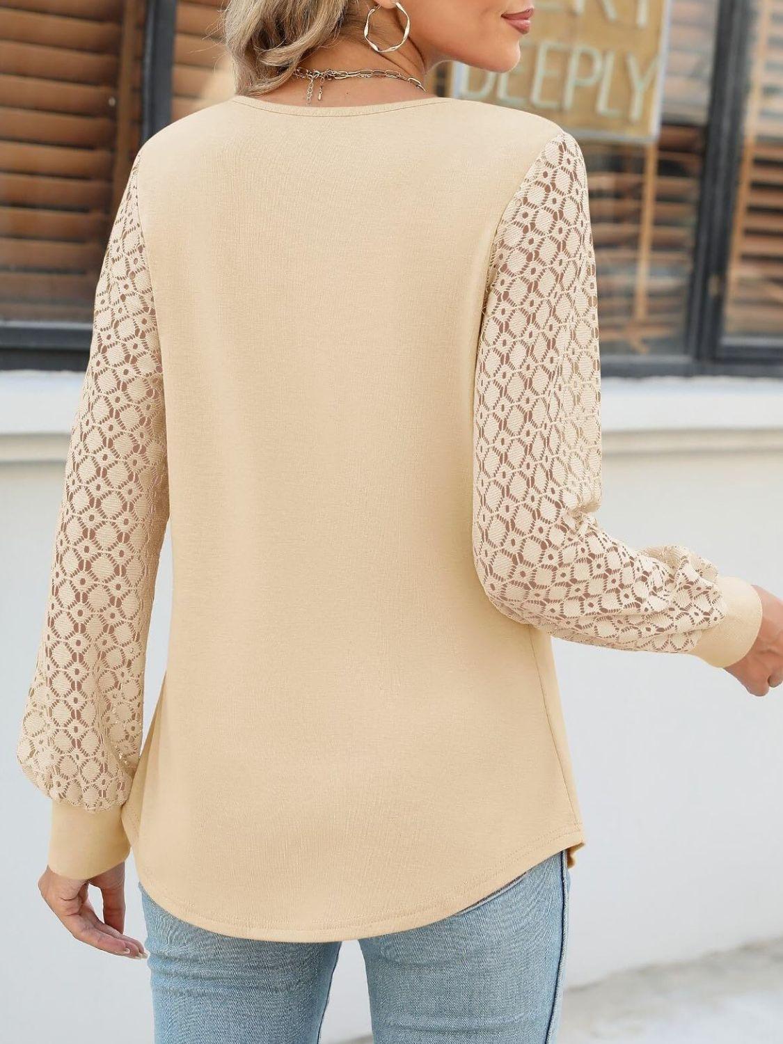 Cutout Round Neck Lace Long Sleeve Blouse - Clothes For Her Online Store