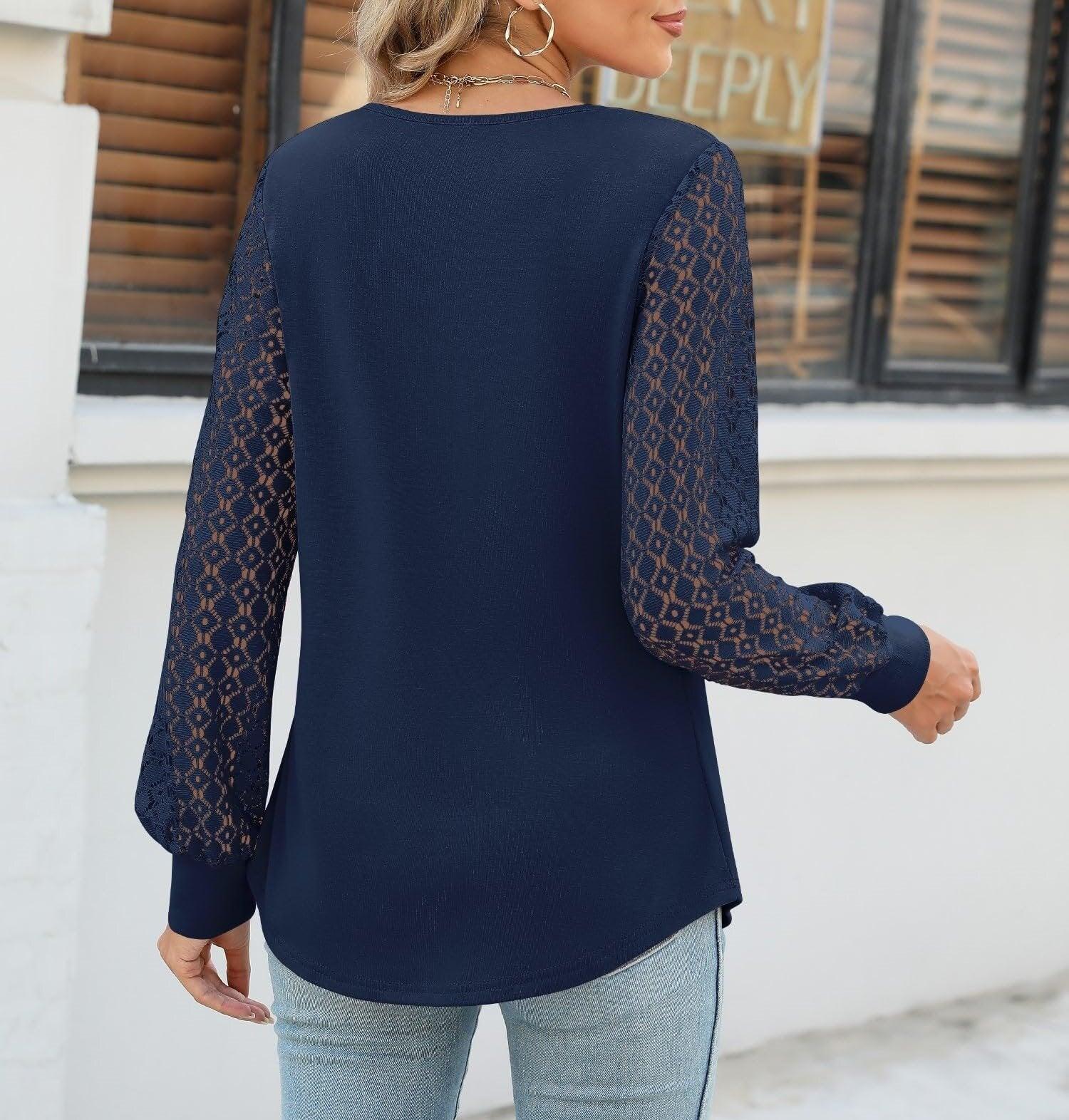 Cutout Round Neck Lace Long Sleeve Blouse - Clothes For Her Online Store