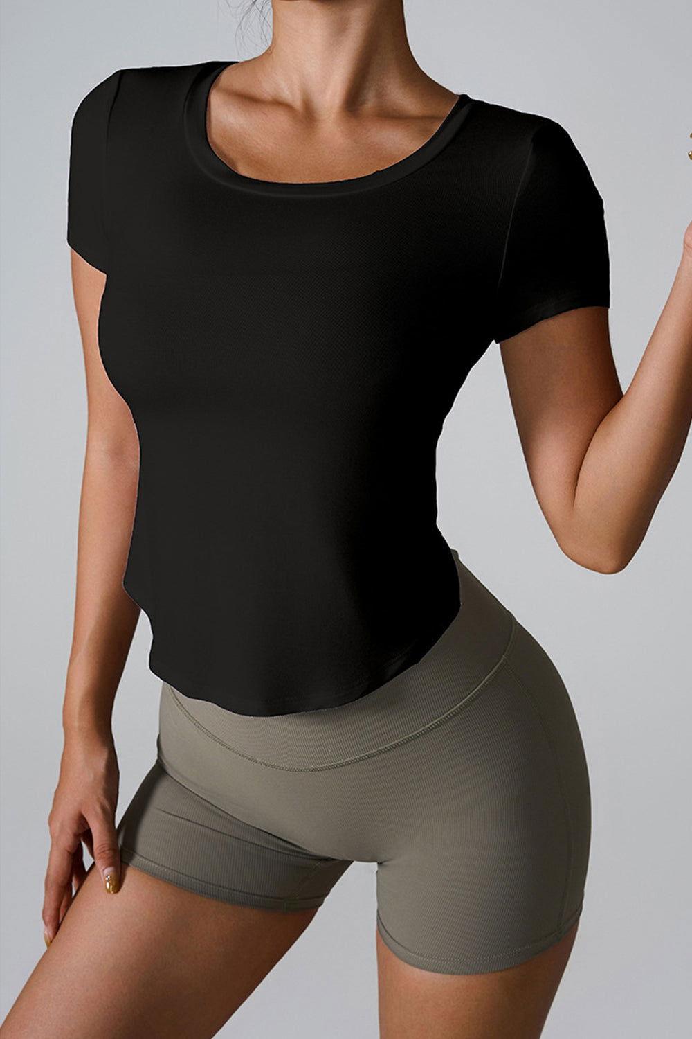 Cutout Round Neck Short Sleeve Active T-Shirt - Clothes For Her Online Store