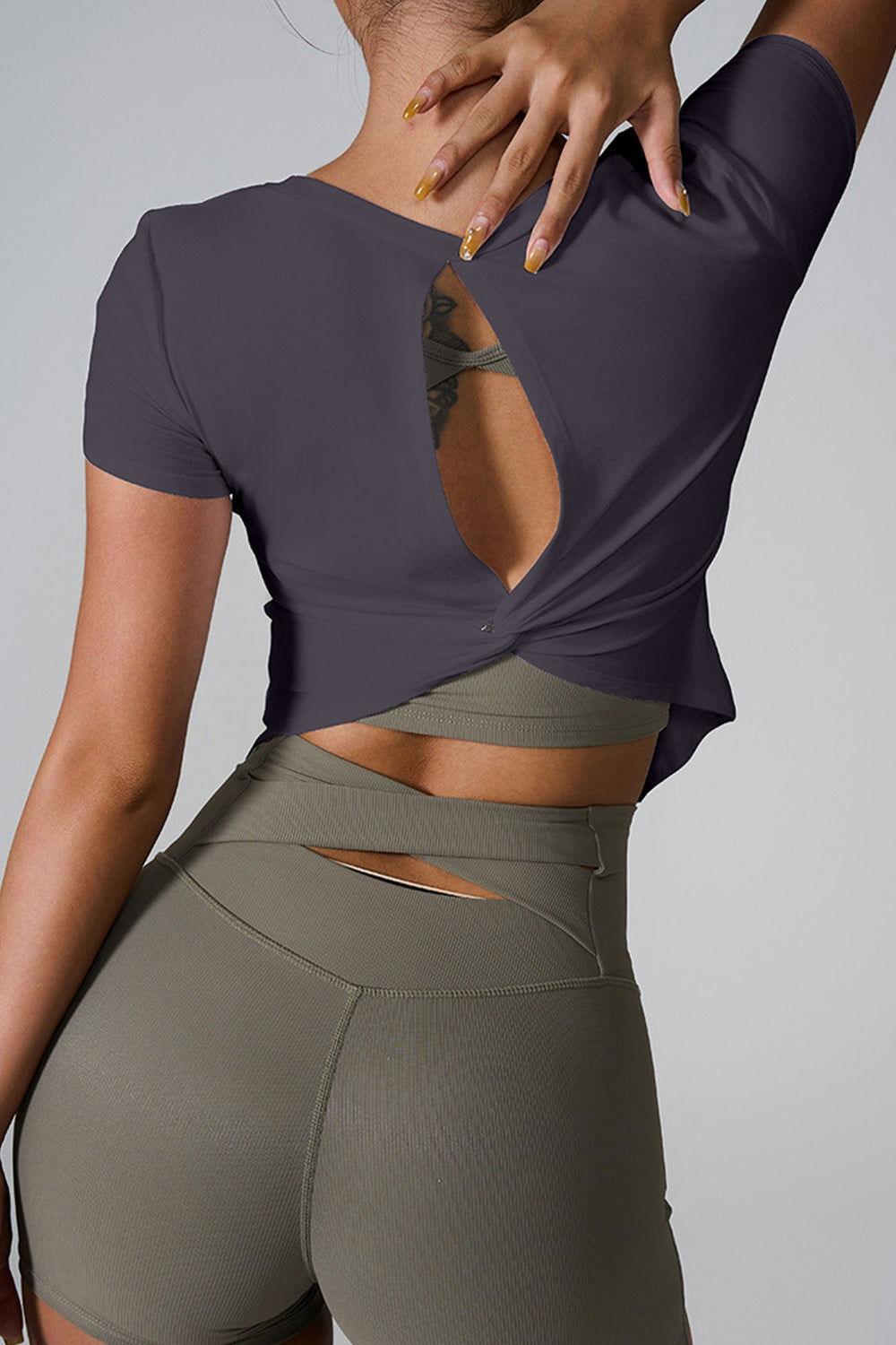 Cutout Round Neck Short Sleeve Active T-Shirt - Clothes For Her Online Store