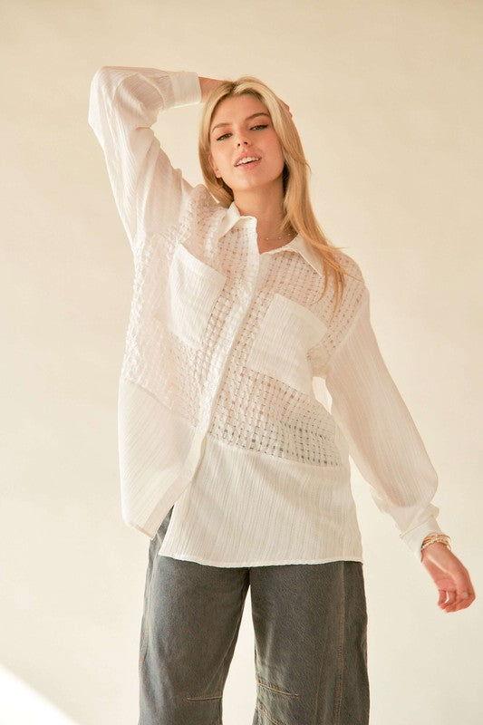 Davi & Dani Crinkled Jacquard Button Down Shirt - Clothes For Her Online Store