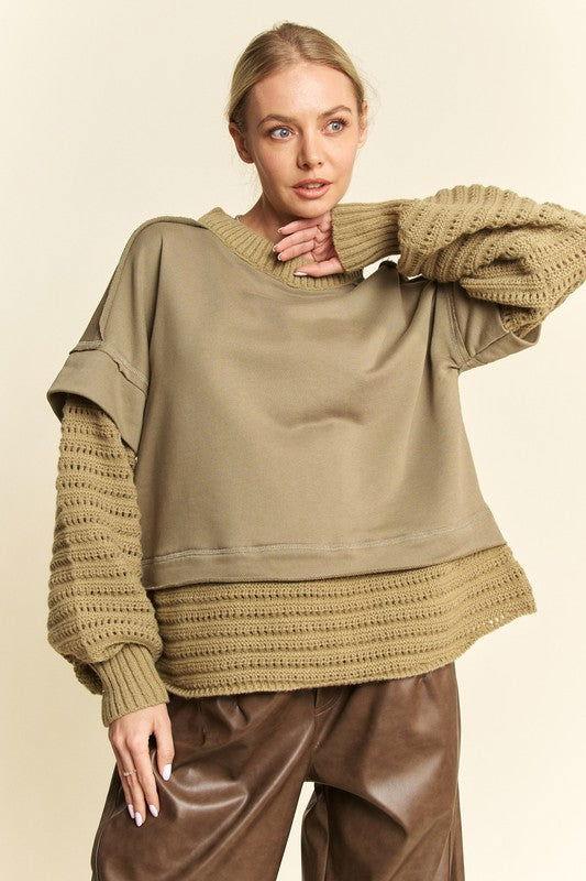 Davi & Dani Faux Layered Round Neck Sweater - Clothes For Her Online Store