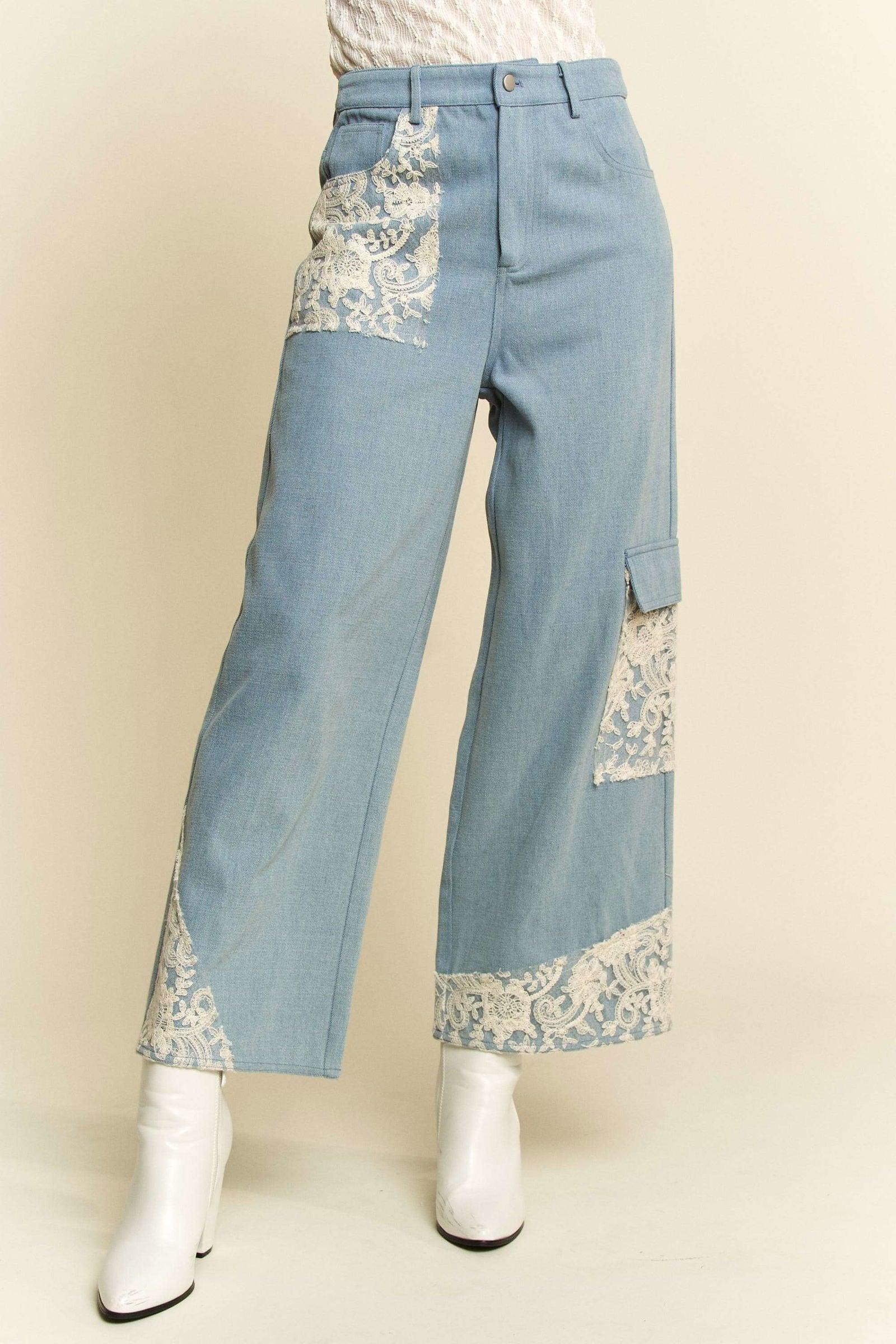 Davi & Dani Lace Applique Wide Leg Jeans - Clothes For Her Online Store