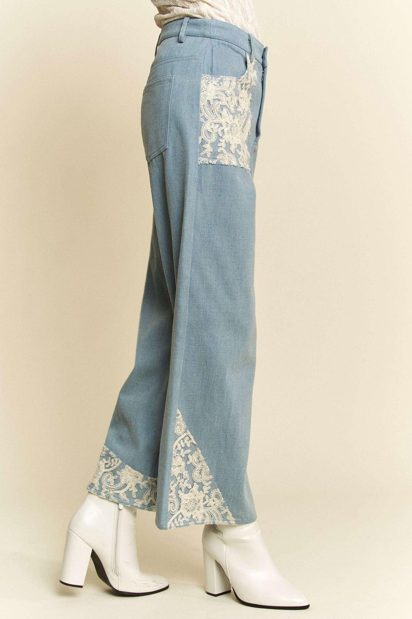Davi & Dani Lace Applique Wide Leg Jeans - Clothes For Her Online Store