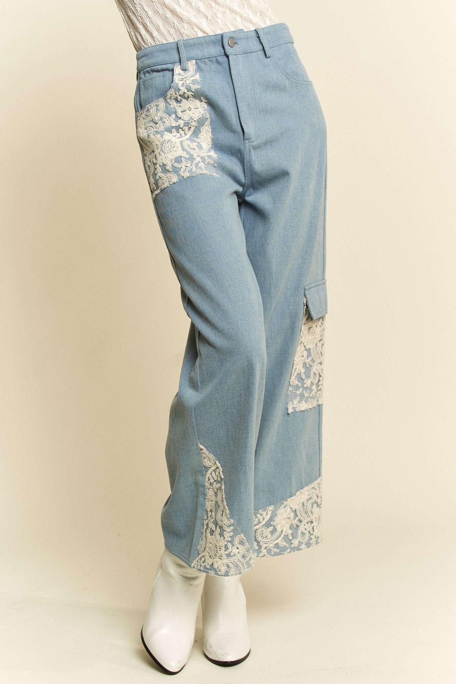 Davi & Dani Lace Applique Wide Leg Jeans - Clothes For Her Online Store