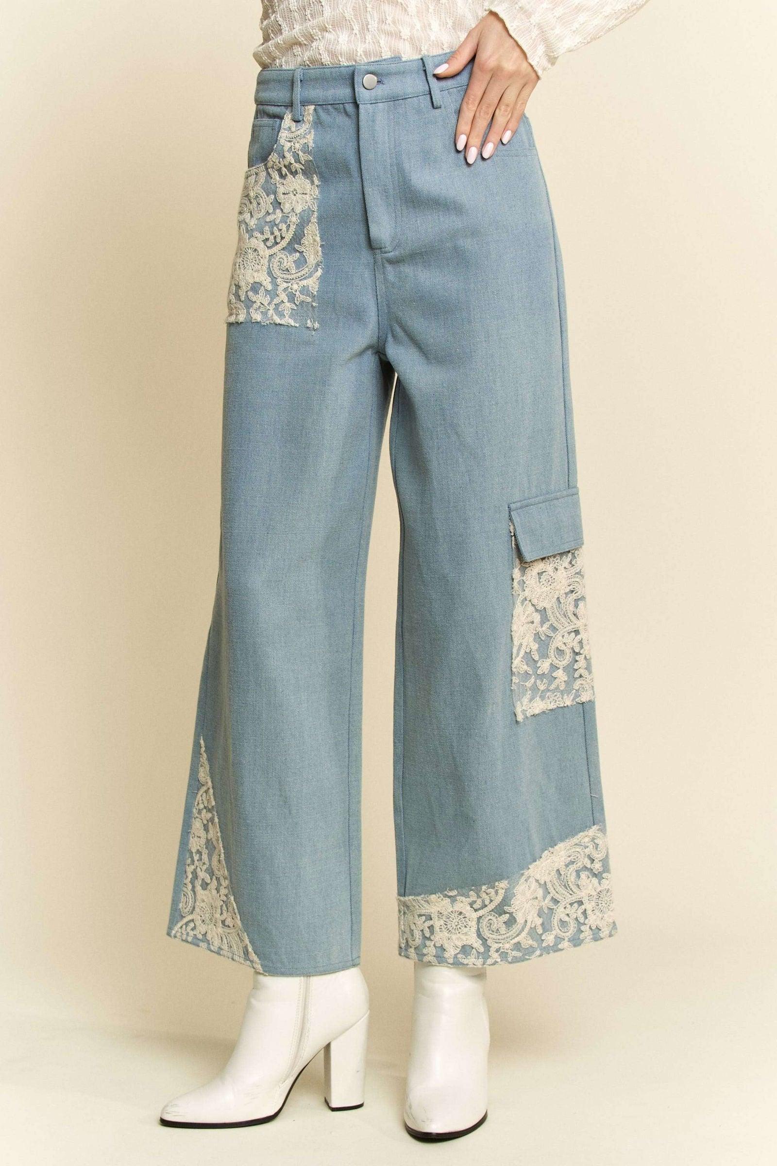 Davi & Dani Lace Applique Wide Leg Jeans - Clothes For Her Online Store