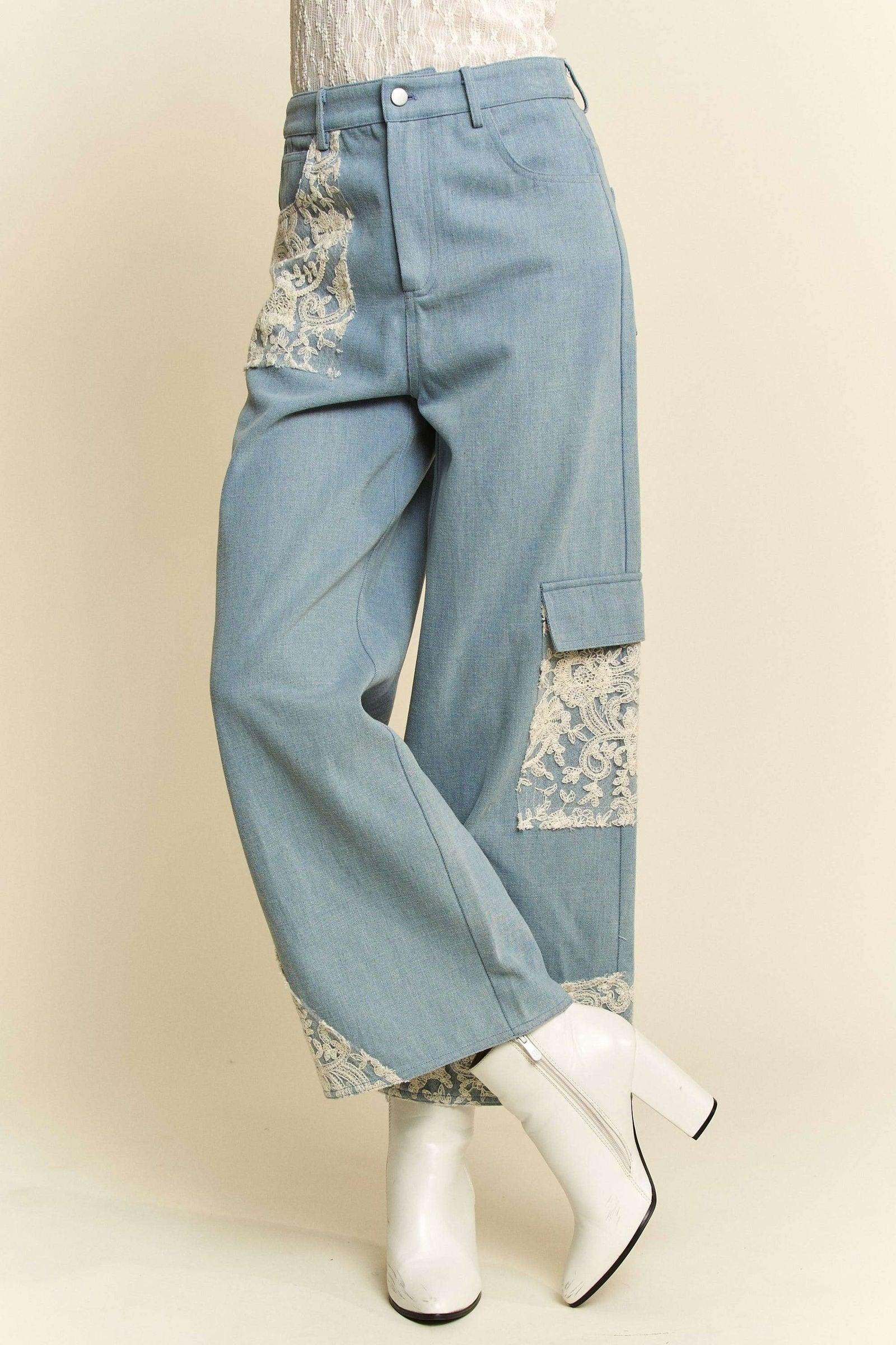 Davi & Dani Lace Applique Wide Leg Jeans - Clothes For Her Online Store