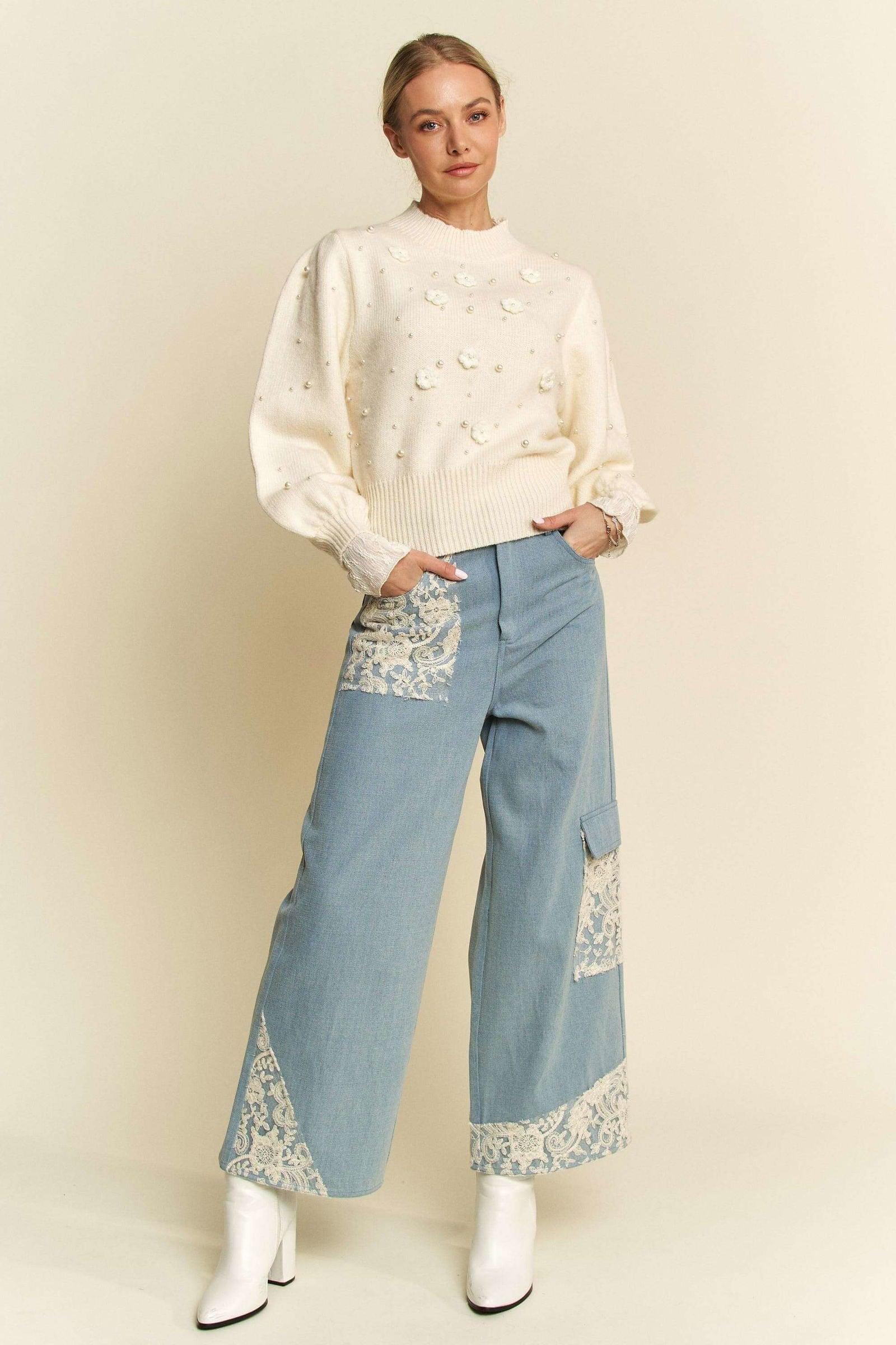 Davi & Dani Lace Applique Wide Leg Jeans - Clothes For Her Online Store