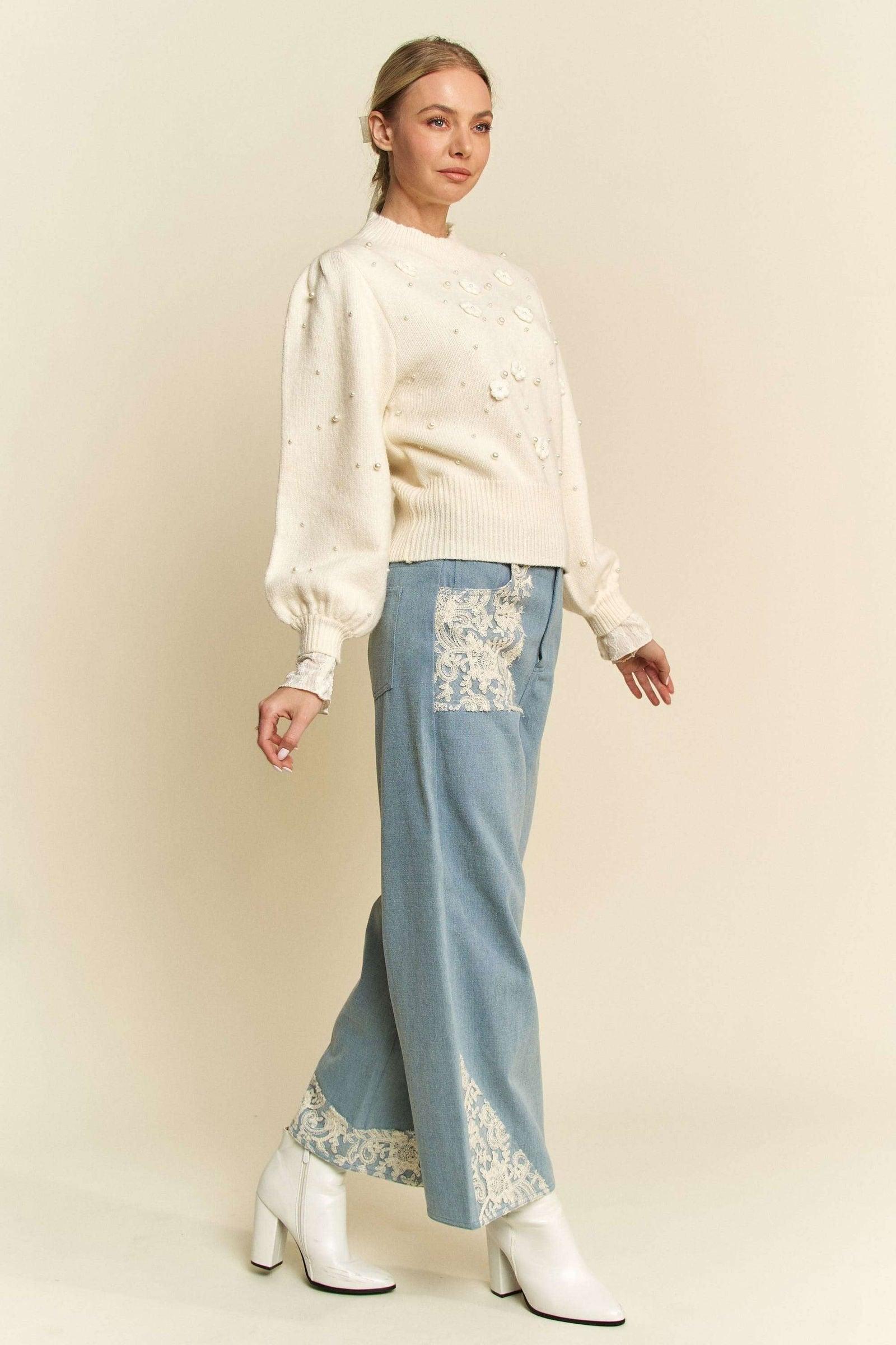 Davi & Dani Lace Applique Wide Leg Jeans - Clothes For Her Online Store