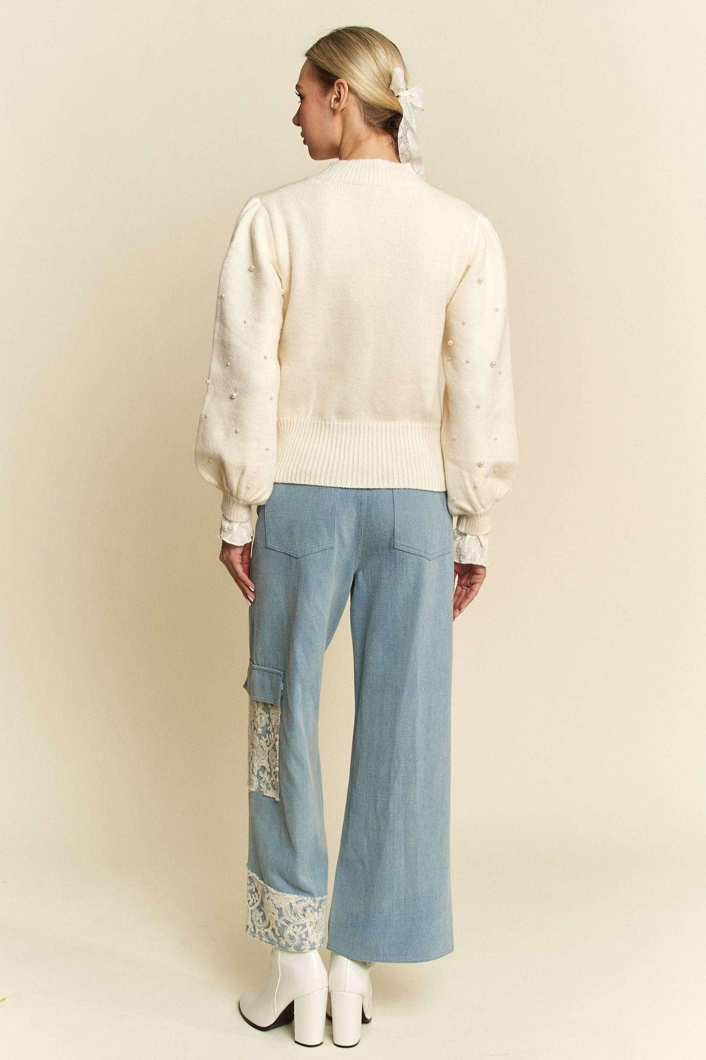 Davi & Dani Lace Applique Wide Leg Jeans - Clothes For Her Online Store