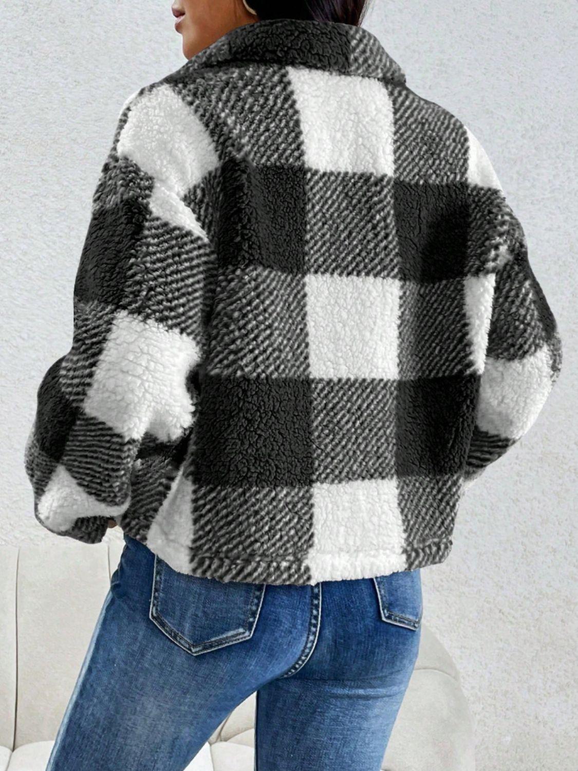 Decorative Pocket Flap Plaid Long Sleeve Jacket - Clothes For Her Online Store