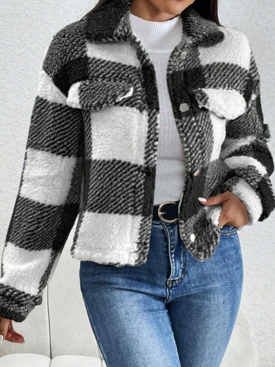 Decorative Pocket Flap Plaid Long Sleeve Jacket - Clothes For Her Online Store