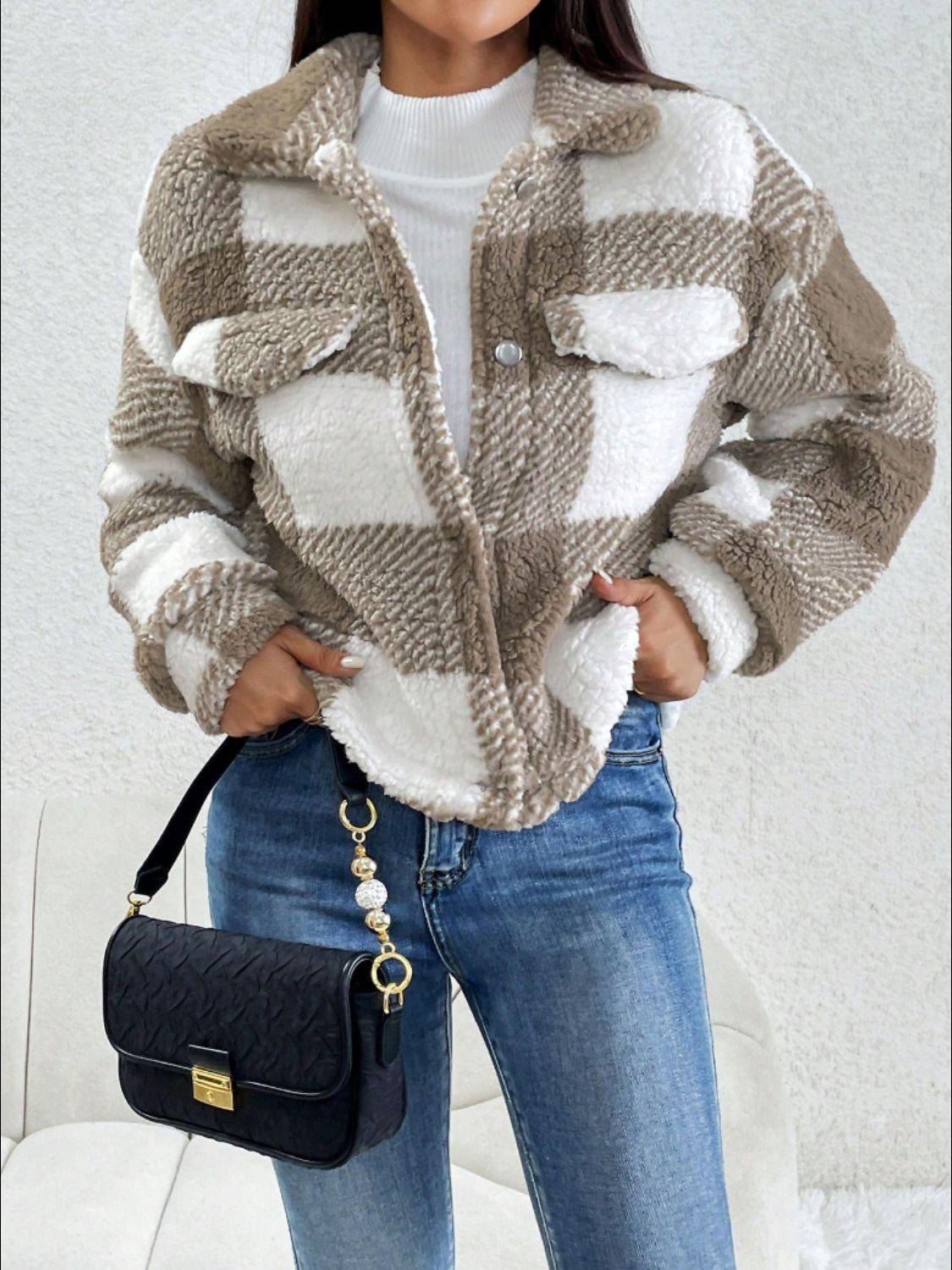 Decorative Pocket Flap Plaid Long Sleeve Jacket - Clothes For Her Online Store