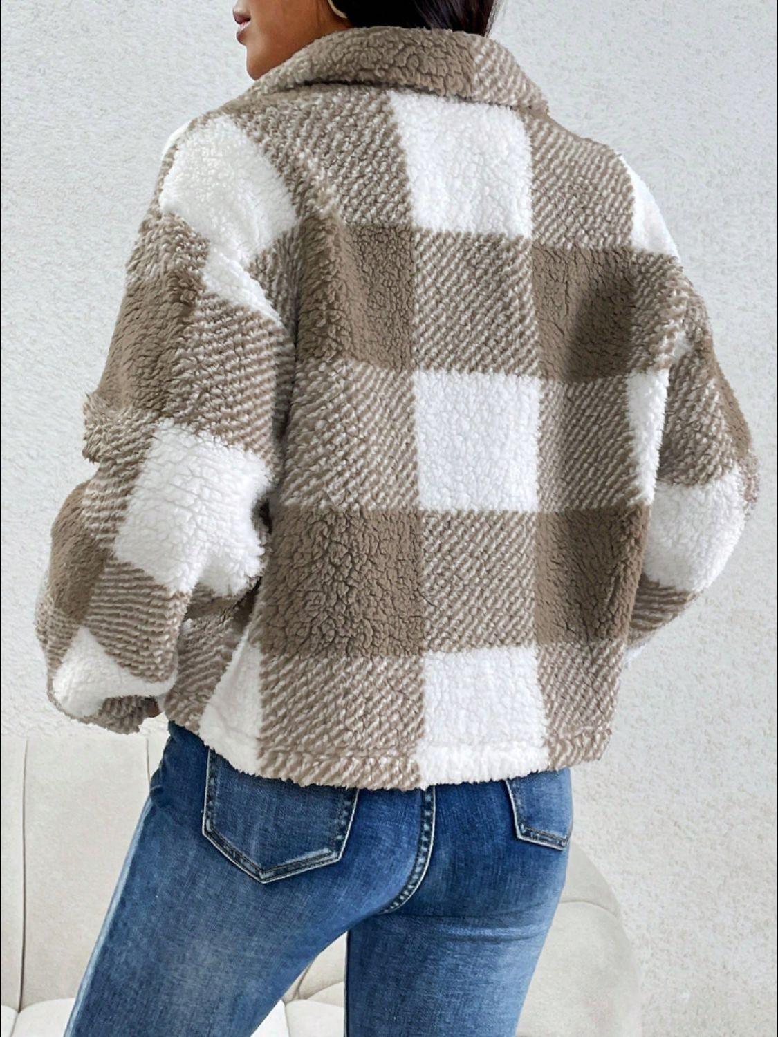 Decorative Pocket Flap Plaid Long Sleeve Jacket - Clothes For Her Online Store