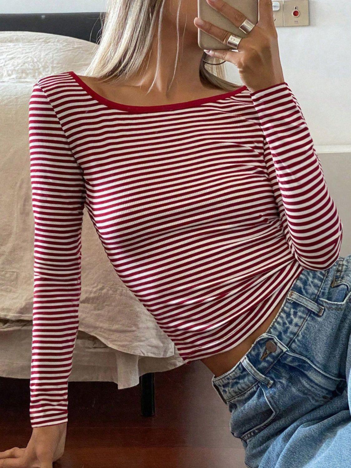 Devine Backless Striped Boat Neck Long Sleeve T-Shirt - Clothes For Her Online Store