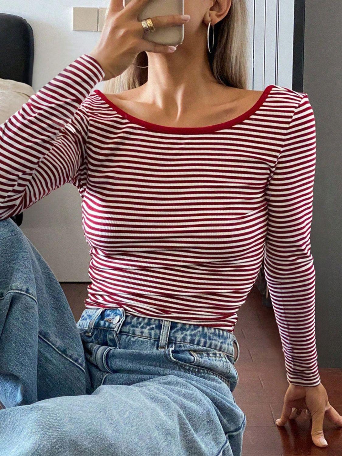 Devine Backless Striped Boat Neck Long Sleeve T-Shirt - Clothes For Her Online Store