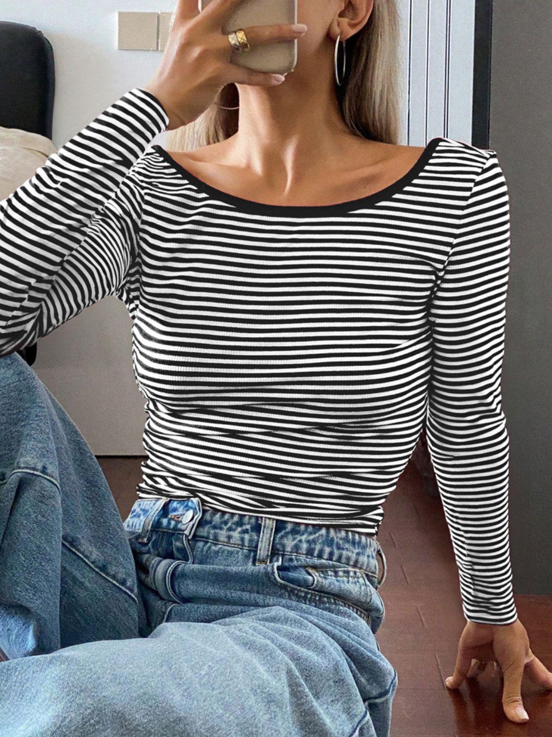 Devine Backless Striped Boat Neck Long Sleeve T-Shirt - Clothes For Her Online Store