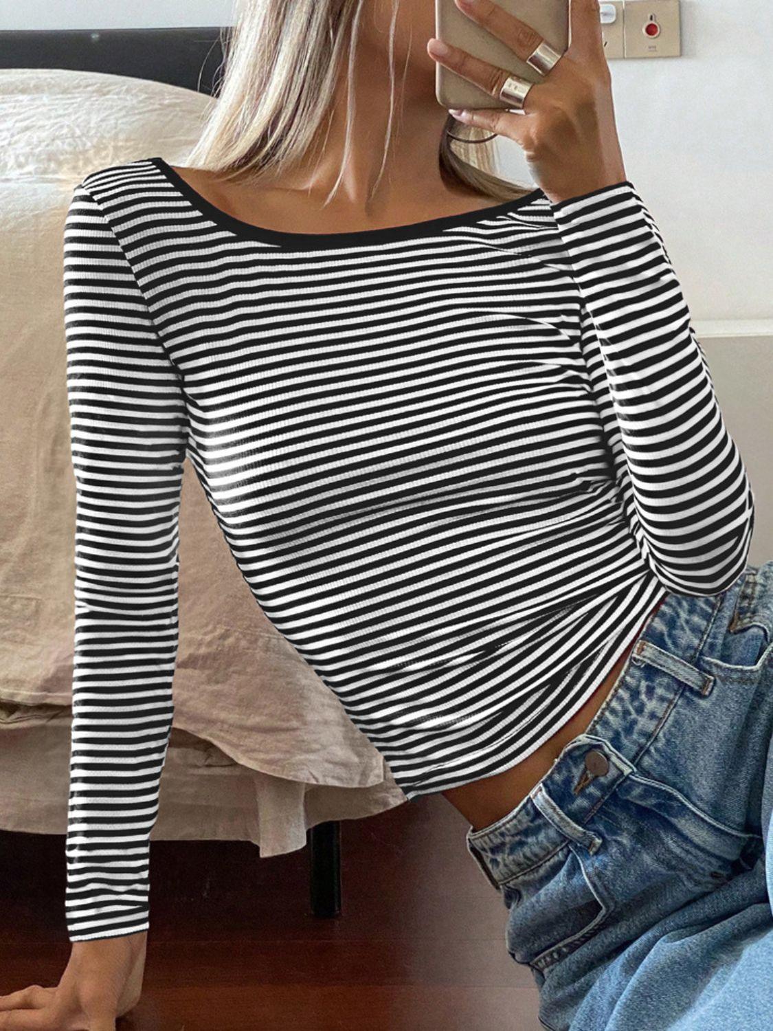 Devine Backless Striped Boat Neck Long Sleeve T-Shirt - Clothes For Her Online Store