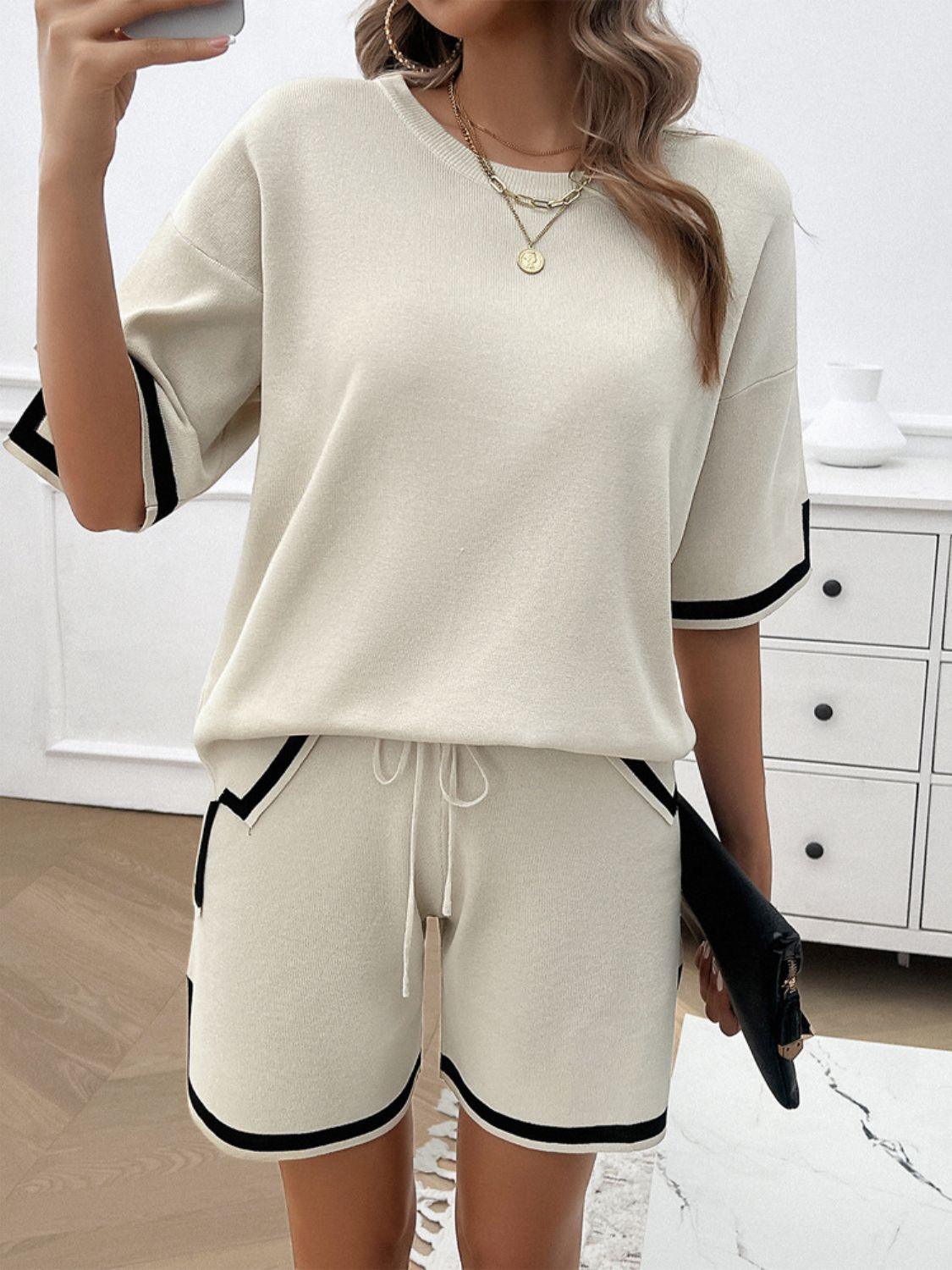 Devine Contrast Trim Round Neck Top and Shorts Set - Clothes For Her Online Store
