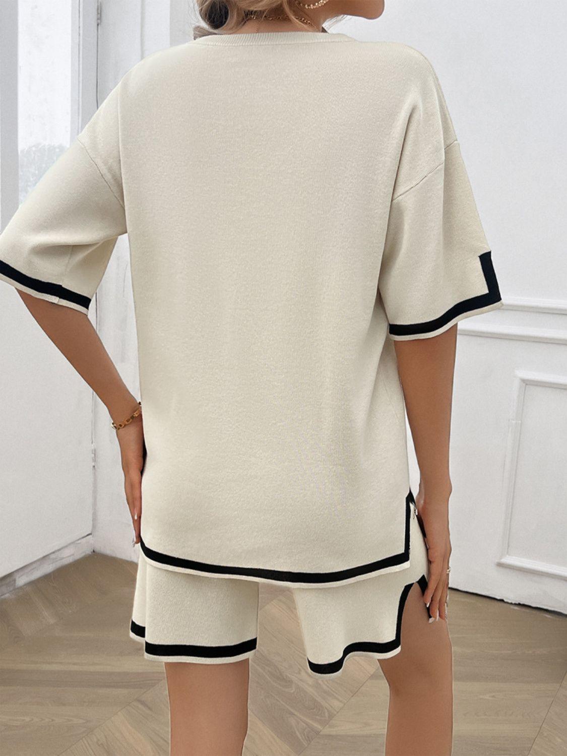 Devine Contrast Trim Round Neck Top and Shorts Set - Clothes For Her Online Store