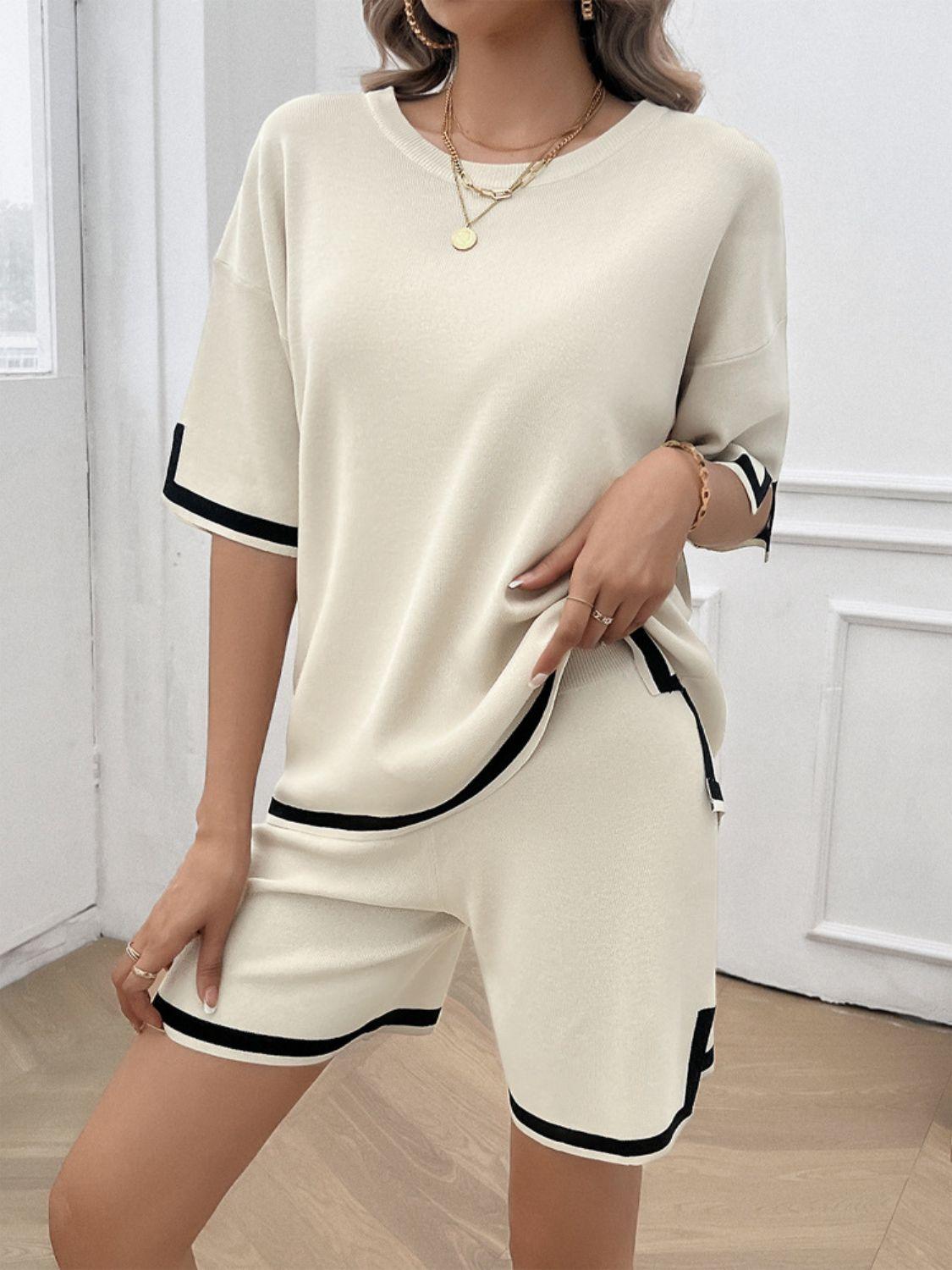 Devine Contrast Trim Round Neck Top and Shorts Set - Clothes For Her Online Store