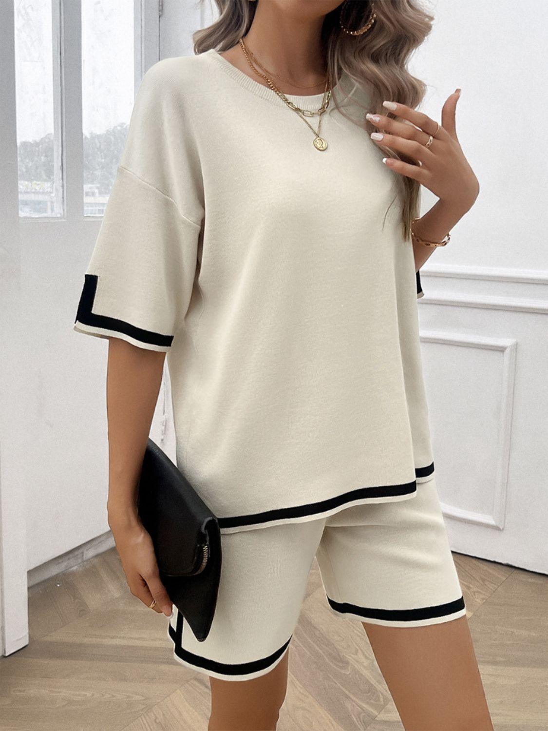 Devine Contrast Trim Round Neck Top and Shorts Set - Clothes For Her Online Store